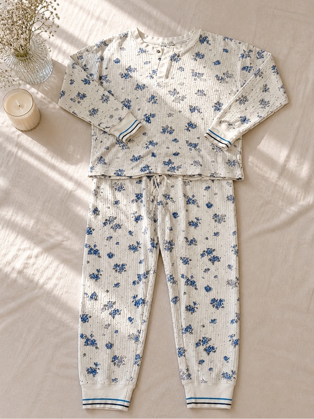 P.J. Salvage Blue Floral Pajama Set Cream Grandma Core Lounge Medium